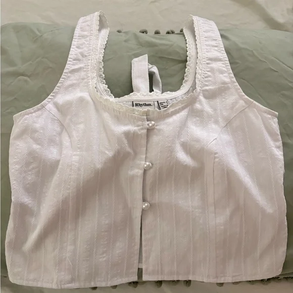 Rhythm Women’s White Lace-Trim Button Front Top - Picture 3 of 5